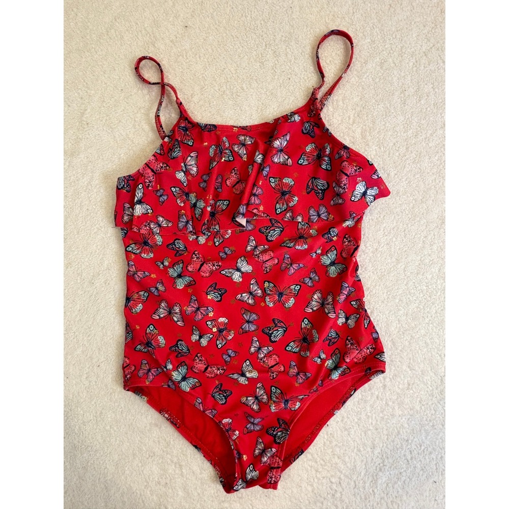 Girls Red Butterfly Print Ruffle One Piece Swimsuit Size 10/12
